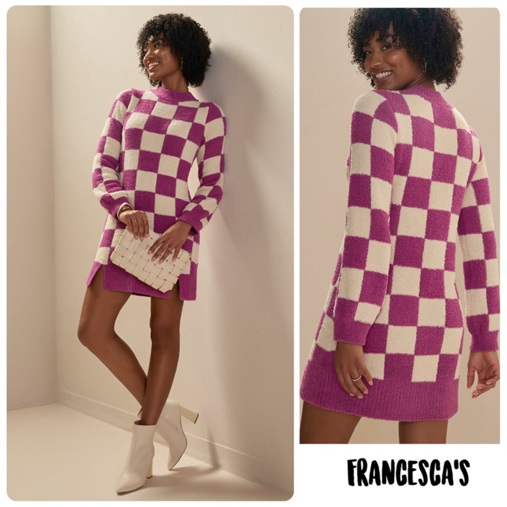 New Francesca's Jeanie Magenta And White
Check Sweater Mini Dress